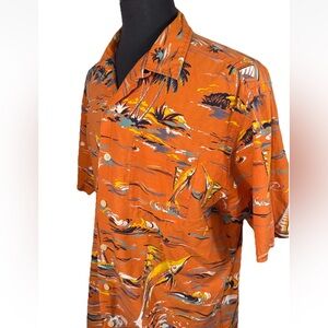 90’S RALPH LAUREN POLO SPORT ORANGE MARLIN BEACH THEME CAMP SHIRT SZ L